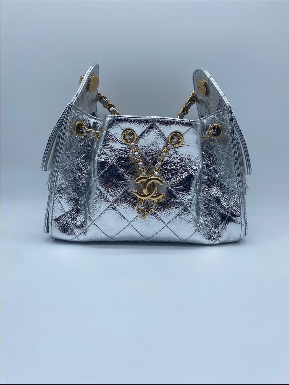 CHANEL c25 Silver Quilted Metallic Mini Shoulder Bag with Gold Chain